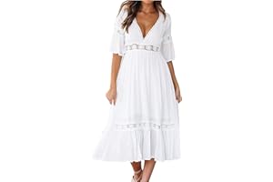 NUSGEAR Nuevo 2021 Vestidos Largo para Mujer, Elegante Vestido de Novia Blanco Vestidos de Boda del cordón Fiesta Vestidos Gasa Vestido de Cóctel de Noche Moda Suelto Vestidos Sexys Cuello en v Vestidos