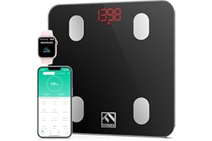 Pèse Personne Impédancemètre, FITINDEX Balance Connecté, Pèse-Personne Bluetooth Balance Salle de Bains Impedancemetre avec 13 Données Corporelles (BMI/Muscle/Graisse Corporelle/Masse Osseuse), Noir