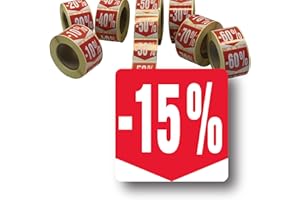 Affichesstore 30281 - Rouleau de 500 Étiquettes Autocollantes -15% - Format Carré 35x35mm - Brillantes - Adhésives - Stickers Remise Pourcentage