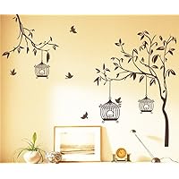 Decals Design StickersKart Wall Stickers Tree with Birds and Cages (Brown)