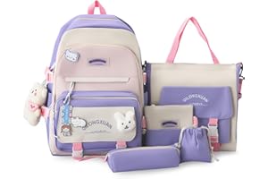 IvyH Mochilas Escolares 5 Piezas para Niñas de 8 a 16 años, Set de Mochila Colegio Adolescentes con Bolsa de Compras y Estuche para Lápices, Mochila de Viaje 45 cm, Morado
