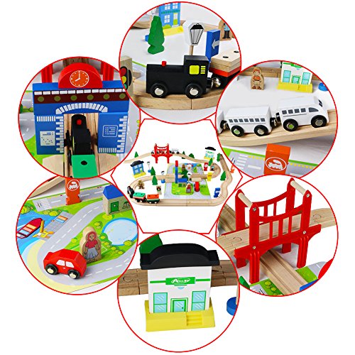 ACOOLTOY Wooden Train Track Set Toy Wooden Classic Railway Flexible Track Car Set Building Kit Toy for Kids Aged 3+ (80 Pcs)