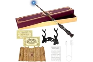 YANGUN 38CM Dumbledore Zauberstab mit Licht, Elderstab Harry P-Otter, USB Aufladung Zauberstab Dumbledore, Leuchtzauberstab aus Harz mit Zauberspruch-Karte, Stationsticket, Landkarte, Halter