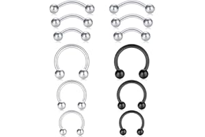 LAURITAMI 12pcs Pendientes Piercing Ceja Tragus Helix Aros Perno 8mm 16G Nariz Helix Acero Inoxidable Rook Curvado Bolas Herradura Labio Labret Piercing Joya