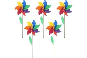 EHOTER 5 molinillos de viento coloridos con poste de madera arcoíris, molinillos de plástico arcoíris para patio y jardín, decoración al aire libre y de fiesta (5 unidades)