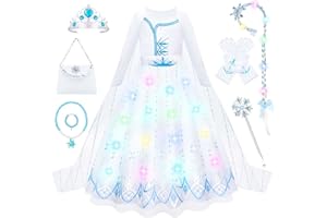 MELAND Princess Costumes for Girls, White Light up Princess Dress up with Long Cape, Hairband for Girls Aged 3 to 10 Years Old, Fancy Dress for Kids and Toddlers Halloween Costumes