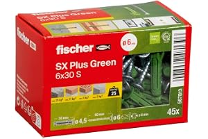 Fischer expansionsplugg SX Plus Green 6 x 30 S, låda med 45 hållbara pluggar och matchande skruvar, optimalt grepp i betong