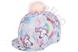 Elico Lycra Riding Hat Cover Fantasia Pastel Unicorn with Pom Pom