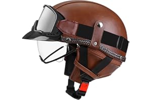 BDTOT Casque de Moto Vintage Cuir Retro Vintage Scooter Open Face Demi Casque de Cuir avec Lunettes Certifié ECE Bols pour Homme et Femme Adultes Demi-Casques avec Sac de Rangement