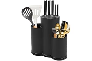 Ksvaye 3 in 1 Ceppo Coltelli da Cucina, Nero Porta Coltelli Cucina con Foro Scarico e Slot Porta, Universal Portacoltelli da Cucina Vuoto, Rotondo Porta Utensili da Cucina, Mantiene Coltelli 8 Pollici