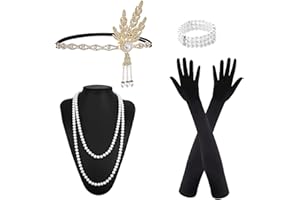 MIVAIUN 5-częściowy zestaw akcesoriów z lat 20-tych, modna opaska na głowę z lat 20-tych XX wieku, Flapper Great Gatsby, zestaw akcesoriów, długie rękawiczki, naszyjnik z perłami, kolczyki, moda rycząca lat 20-tych dla kobiet