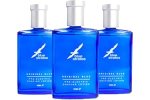 Blue Stratos Pre-Electric Shave Lotion Multi-Pack, Original Blue for Men, Lifts Beard & Reduces Irritation, Cooling Effect, Classic Scent of Cedarwood, Vanilla, and Musk, 3 x 100ml