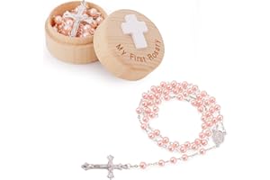 BOXOB My First Rosary Baptism Gifts, Baptism Memorial Box Pink Rosary Necklace Beads Christening Gifts Catholic First Communion Gifts Rosary Box Holder for Women Baby Shower