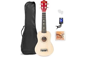 MAX UKEY Set de Ukelele soprano fabricado en madera de Tilo - ukelele adulto Incluye: guitarra ukelele madera de 21 pulgadas, bolsa de ukulele, púas, afinador y cuerdas de repuesto - Madera Natural