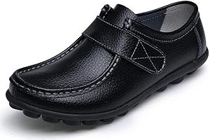 Yooeen Women's moccasins, boat shoes, leather work shoes, leisure, flat loafers, low shoes, driving sandals, Velcro fastening, pea shoes