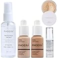 Phoera Foundation Full Coverage Makeup Set - Includes Nude & Buff Beige 30ml Matte Foundation, 6ml Face Primer, Cool Beige Setting Powder & 50ml Setting Spray for Shine-Free Matte Finish