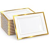 ZOFUN Pack of 10 White Plastic with Gold Rim, 13 x 20 x 1.5 cm, White Plastic Tray, Serving Tray, Rectangular Tray for Buffet