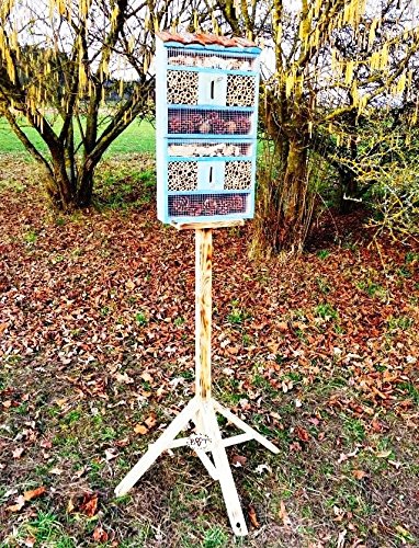Süßes insektenhotel MIT STÄNDER, mit Naturdach, FDV-HOST-MS groß 130.5 cm Holz blau marineblau hell Vogelhaus Nisthaus als Ergänzung zum Meisen nistkästen Meisenkasten oder zum Vogelhaus Vogelfutterhaus Futterstation für Vögel Insektenhäuschen – insektenhotels - 3