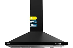 Cecotec Hotte aspirante 90 cm Pyramidale Bolero Flux PM 906500 Black A. Moteur 165 W, Finition noire, Aspiration 650 m3/h, Commande mécanique, 3 niveaux de puissance, Lumière et Filtre à charbon