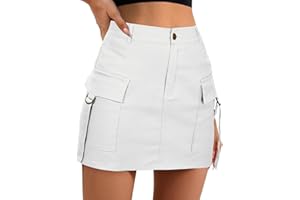 QWUVEDS Gonna cargo a vita bassa, mini gonna cargo da donna con tasca bottone, gonna a matita, nero al ginocchio