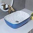 SEA SHORE Premium Designer Ceramic Tabletop Wash Basin, Slim Rim Vessel Sink for Bathroom & Living Room (46.5x32.5x13 CM, Blue & White)