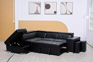 SOFA LAND Black Bonded Leather Corner Sofa Bed - Multi-functional L Shape Suite-Left & Right Suite With Storage And Stools & Ottoman (LEFT HAND SIDE)