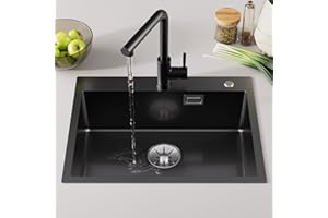 Sofetiy Fregadero Negro 60×48cm, Fregadero Cocina 1 Seno Moderno, Fregaderos de Cocina, Fregadero Rectangular, Kitchen Sink, Fregadero Sobre Encimera, Fregadero acero Inoxidable