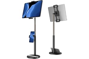 KLEARLOOK MAXIMIZED CLARITY! Tablet Stand built-in Phone Holder,Klearlook 2 in 1 Height Adjustable to 24.4"Tablet Holder,360°Rotating&Clamp Adjustable Tablet Phone Mount for iPad,Switch,Galaxy Tab, 4.7-12.9" Devices-Black