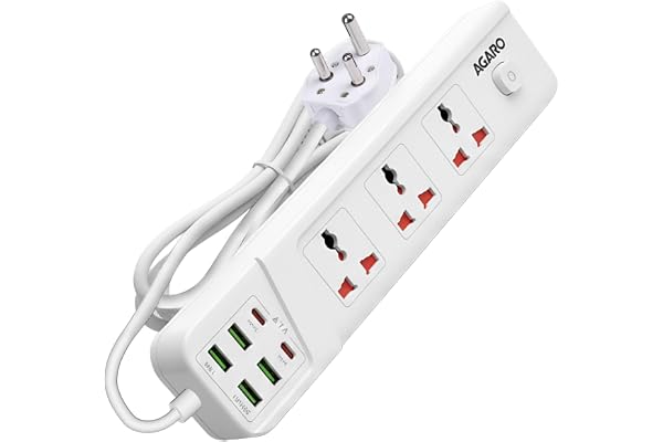 AGARO Regal Extension Board, Power Strip, 3 Universal Sockets, 4 USB + 2 Type-C Fast Charge, 2500W, 6ft Heavy-Duty Cord, Over
