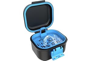 BVN Scatola per protesi a prova di perdite, scatola per protesi dentali con colino, portatile, per tutte le età, protesi e parentesi graffe (nero + blu).