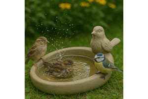 KAMACA Bird Bath Made of Stone, Oval Bird Bath with Decorative Bird Figure, Weatherproof and Frost-Resistant, Rustic Garden Decoration for Balcony, Patio, Garden, Natural Stone Look for Wild Birds