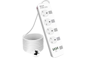 Extension Lead 5M, BEVA 4 Gang Power Strip with 4 USB Ports, Multi Plug Charging Station with Independent Switches, Surge Protected Power Extension for Home & Office - 5 Meter Cord (White)…