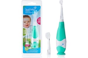 Cepillo de dientes eléctrico BabySonic de Brush-Baby para bebés y niños | Primeros dientes | 0-36 meses | Luz LED, vibración, temporizador de 2 min y base de succión | Con 2 cabezales y 1 pila AAA
