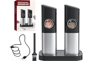 CIRCLE JOY Juego de Molinillo Eléctrico de Sal y Pimienta por Gravedad con Base de Carga Doble, Cubierta a Prueba de Polvo, Cepillo, Luz LED Blanca, Grosor Ajustable y Operación Automática