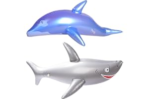 BBIURER Set di 2 animali acquatici gonfiabili, squalo gonfiabile e delfino blu, giocattolo gonfiabile, giocattolo da piscina