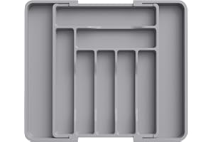 Lifewit Organizador Cuberteros para Cajon, Bandeja de Utensilios Extensible para Cocina, Separador Vajilla de Plástico para Almacenaje Cocina, Guarda Cuchillo Cuchara Tenedor, Mediano, Gris