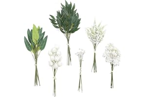 ‎LING'S MOMENT Ling's Moment Artificial Green Stems Box Set, 86 Pieces with 6 Types of Faux Greenery Picks for DIY Bridal Bouquets Wedding Flower Arrangement Table Centrepieces, Green & White