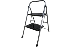 FERRETERIA LEPANTO Escalera Plegable de Metal Domestica Color Gris Oscuro, Taburete Plegable peldaño Extra Ancho y con Apoyabrazos Carga hasta 150 KG (2 peldaños)