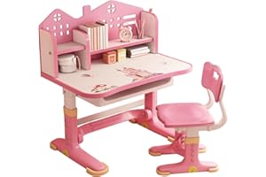CALAGER Kids Desk and Chair Set,Height Adjustable Children Study Desk Chair,School Student Writing Desk Table with Drawer Bookstand,Ergonomic Student Learning Table Chair for Girl Boy Pink C