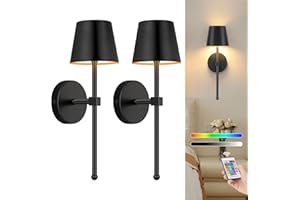 Glowlit Rechargeable Wall Lights Battery Operated Wall Sconce Indoor with Touch and Remote Control Charging Bulbs Dimmable Wireless Sconces Set of Two for Living Room, Bedroom, Hallway (Black)