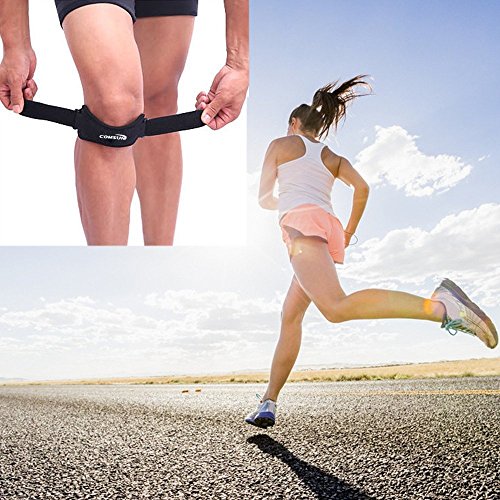 2er Set Knieband, Comsun Patella Kniegurt, Atmungsaktiv, für Knieschmerzlinderung Knee Strap, Profi-Patella-Kniebandage für Sport wie Laufen, Springen, Wandern, usw. Universalgröße, verstellbar, gegen Patellaspitzensyndrom, Ideal bei Läuferknie, Springerknie, Schwarz - 2