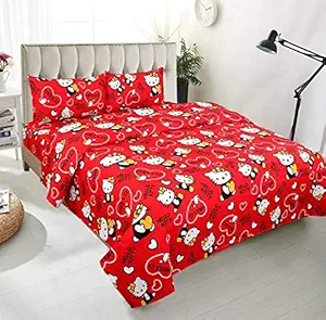 Nistaksh Designs Kids Special Blended Cotton Printed Double Bedsheet with Two Pillow Covers - Size: 90x90 inches, Red, TC: 180