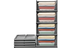 RMAN® 4 pcs Organizador Armario Cajas Almacenaje Ropa Plegable y Apilable Cajones Organizadores Extraíbles de Plastico y Separadores para Ropa, Camisetas, Pantalones, Baño - Gris