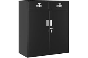 Atahome Metal Cabinet Storage Cupboard Lockable Steel Cabinet Locking Doors, 2 Drawers & Adjustable Shelf – Home, Office, Garage, Kitchen, Pantry 92 x 80 x 40 cm (H x W x D) Smyrna (Smyrna, Black)
