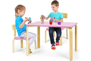 COSTWAY Stół dziecięcy z 2 krzesłami, 3-częściowy zestaw mebli do siedzenia dla dzieci, meble dziecięce z drewna, zestaw mebli dziecięcych (różowy)