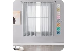 MRTREES Voile Curtains 54 Drop 2 Panels Faux Linen Rod Pocket Sheer Curtain Panel for Bedroom Living Room Patio Door 55x54 Drop 140cm x 137cm Grey