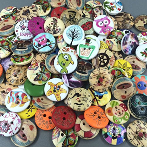 200 Stück Gemischt Muster Holz Scrapbooking Knöpfe 2 Löcher Nähen 20mm - 2