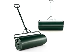 GiantexUK 48L/63L Garden Lawn Roller, Water/Sand Filled Lawn leveller with Scraper Drum & Removable Drain Plug, Heavy Duty Metal Lawn Push Rolling Tool for Grass Seed (63L, 137cm T-Handle, Green)