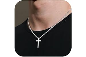 TINGN Cross Necklace for Men Silver Stainless Steel Plain Cross Pendant Necklace for Men Simple Jewelry Box Chain 16-24 Inch Baptism Gift Christmas Gifts Stocking Stuffers for Teen Boy Men
