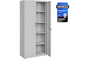 ‎SONGMICS SONGMICS Aktenschrank, Mehrzweckschrank, Stahl-Aufbewahrungsschrank, 5 Ebenen, Doppeltüren, Schloss, Werkzeugschrank, verstellbare Ablagen, Garage, Büro, Wohnzimmer, grau OMC015G01